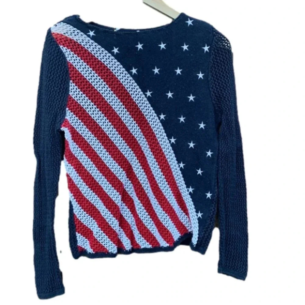NORTON Studio Woven crochet open knit Stars and Stripes  long sleeve top S/M
